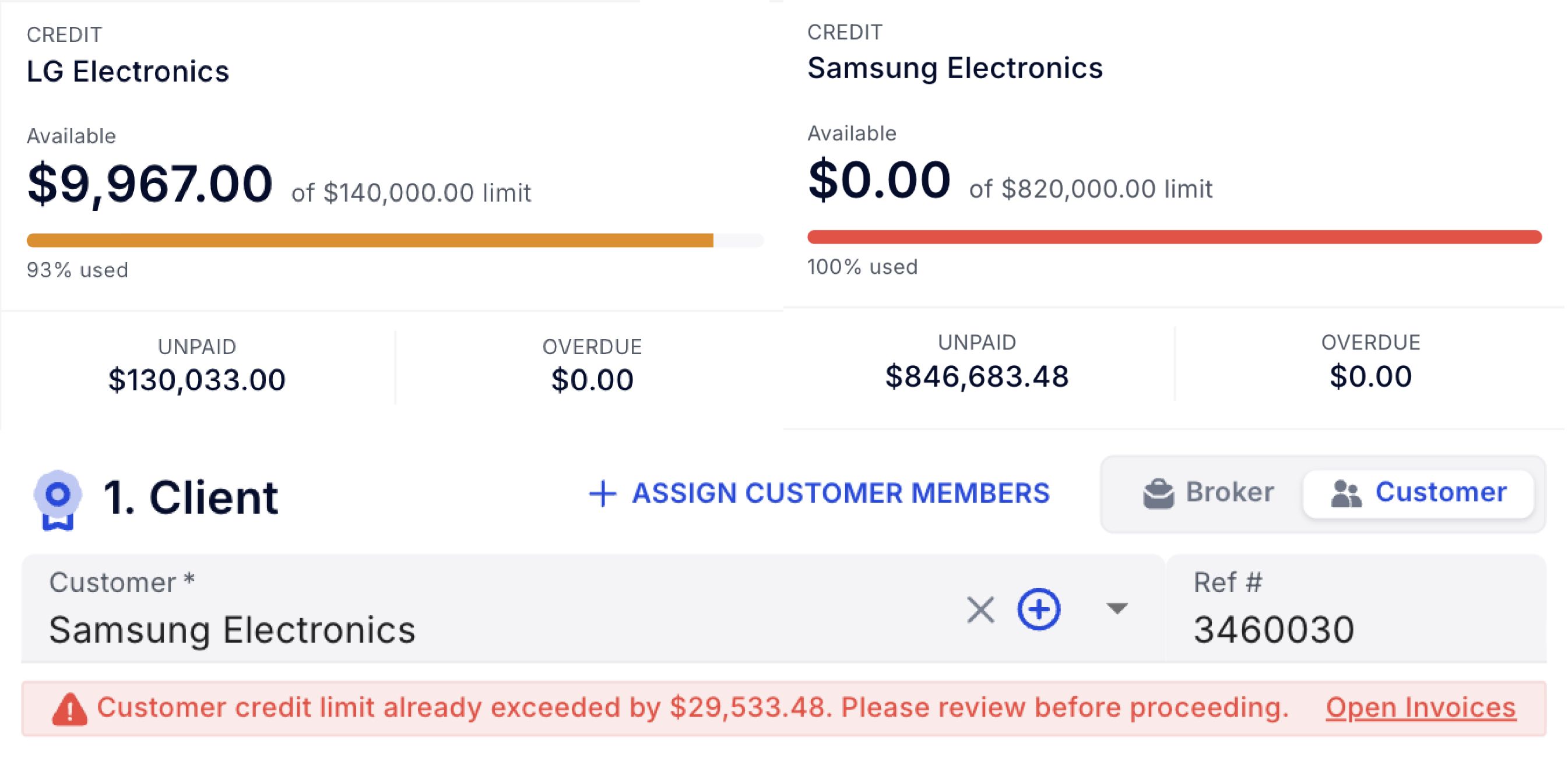 TMS credit limit dashboard showing customer balances and exceeded limit warning for freight broker accounts receivable management